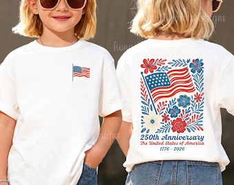Comfort Colors USA 250th Anniversary Shirt For Kids And Youth American 4th Of July Back Graphic Tee Boho Floral America Mommy And Me T-Shirt