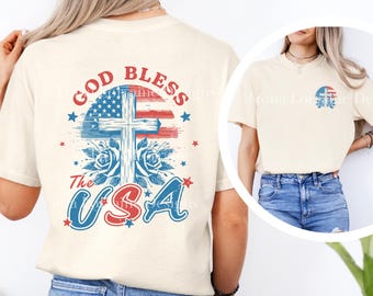 4th Of July Christian Shirt Comfort Colors® Floral Cross T-Shirt American Christian Tee God Bless The USA Independence Day Gift For Her