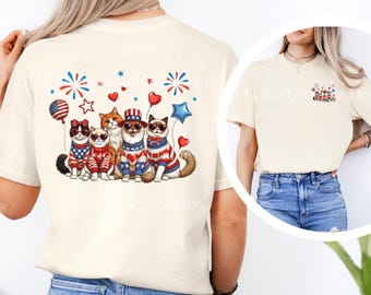 4th Of July Cat Shirt Comfort Colors® Funny Cat T-Shirt American Patriotic Cats Tee USA Independence Day Gift For Cat Mom Back Graphic Tee