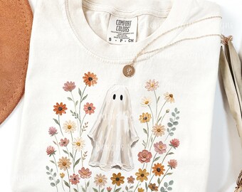 Comfort Colors Painterly Wildflower Ghost Shirt Womens Halloween Vintage Cottagecore Ghost Tee Spooky Botanical Gardening Gift For Plant Mom