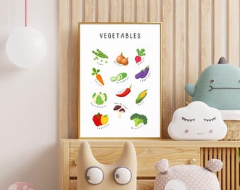 May include: A white poster with the word "VEGETABLES" in black text at the top. The poster features illustrations of 12 different vegetables with their names written below each image.