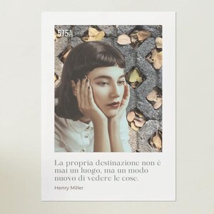 May include: A woman with dark hair and a white shirt is looking down. The background is a brick wall with fallen leaves. The text reads: "La propria destinazione non è mai un luogo, ma un modo nuovo di vedere le cose. Henry Miller"