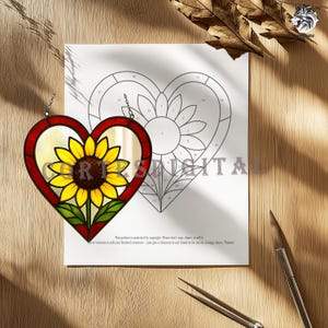 Sunflower Heart Stained Glass Pattern – DIY Floral Suncatcher Svg Pdf Png | Digital Download for Window Hanging Craft, BeginnerGlass Art