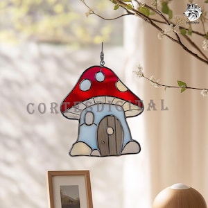 Mushroom House Stained Glass Pattern – Whimsical Fairy Cottage Suncatcher PDF – DIY Glass Art Template for Window Hanging, Instant download