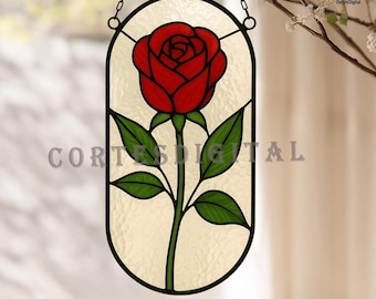 Wzór witrażu z czerwoną różą, elegancki kwiatowy łapacz słońca, romantyczny wzór zawieszki na okno, pobieranie pliku PDF PNG SVG (numer N5.PA63)