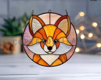 Fox Stained Glass Pattern, Round Suncatcher Template, Woodland Animal Window DIY Glass Art, Instant Download PDF SVG (N5.AN177)