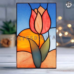 May include: A stained glass panel featuring a vibrant tulip design. The flower has red and orange petals, green leaves, and a blue sky background. The text "Cortes Digital" is visible at the bottom.