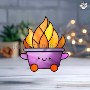 May include: A stained glass design of a smiling purple container with orange wheels and arms, topped with flames in shades of orange and yellow. The text "Cortes Digital" is visible on the left side of the image.