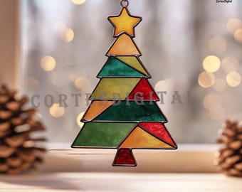 Xmas Tree Stained Glass Pattern, Christmas Suncatcher Template, Beginner Friendly DIY Glass Art for Holiday Window Hanging (N5.CH53)