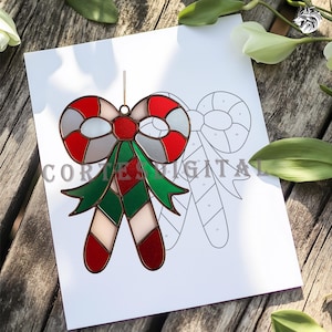 CH166 - Padrão de vitral de Natal: Bengala doce com laço de fita, modelo de apanhador de sol (download em PDF, PNG e SVG), decoração de janela para festas de fim de ano