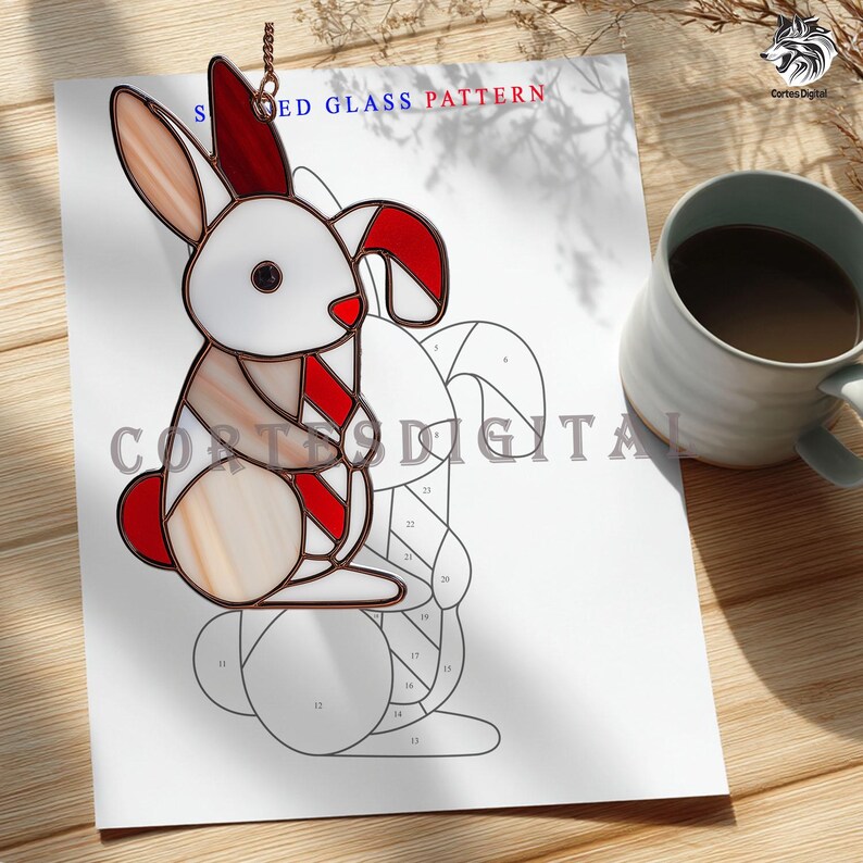 Simple Stained Glass Rabbit Christmas Bunny Stained Glass Pattern, Cute Rabbit With Candy Cane ...