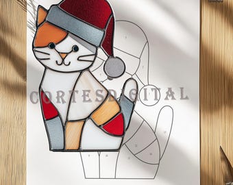 Christmas Cat with Santa Hat Stained Glass Pattern, Holiday Suncatcher Template, Instant Download PDF PNG SVG (N5CH275)