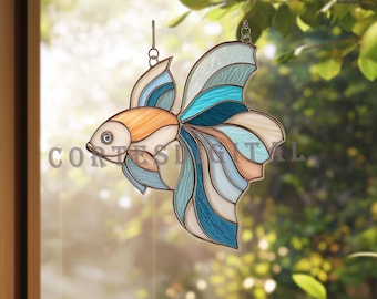 Patrón de vitral para pez betta (PDF), plantilla para atrapasol con peces tropicales de agua dulce, diseño de arte en vidrio DIY (PDF SVG) (N5.OC67)