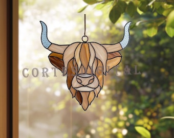 Highland Cow Stained Glass Pattern PDF, Bull Suncatcher Template, Scottish Cow Home Decor, Rustic Farm Animal Window Hanging (N5.AN138)