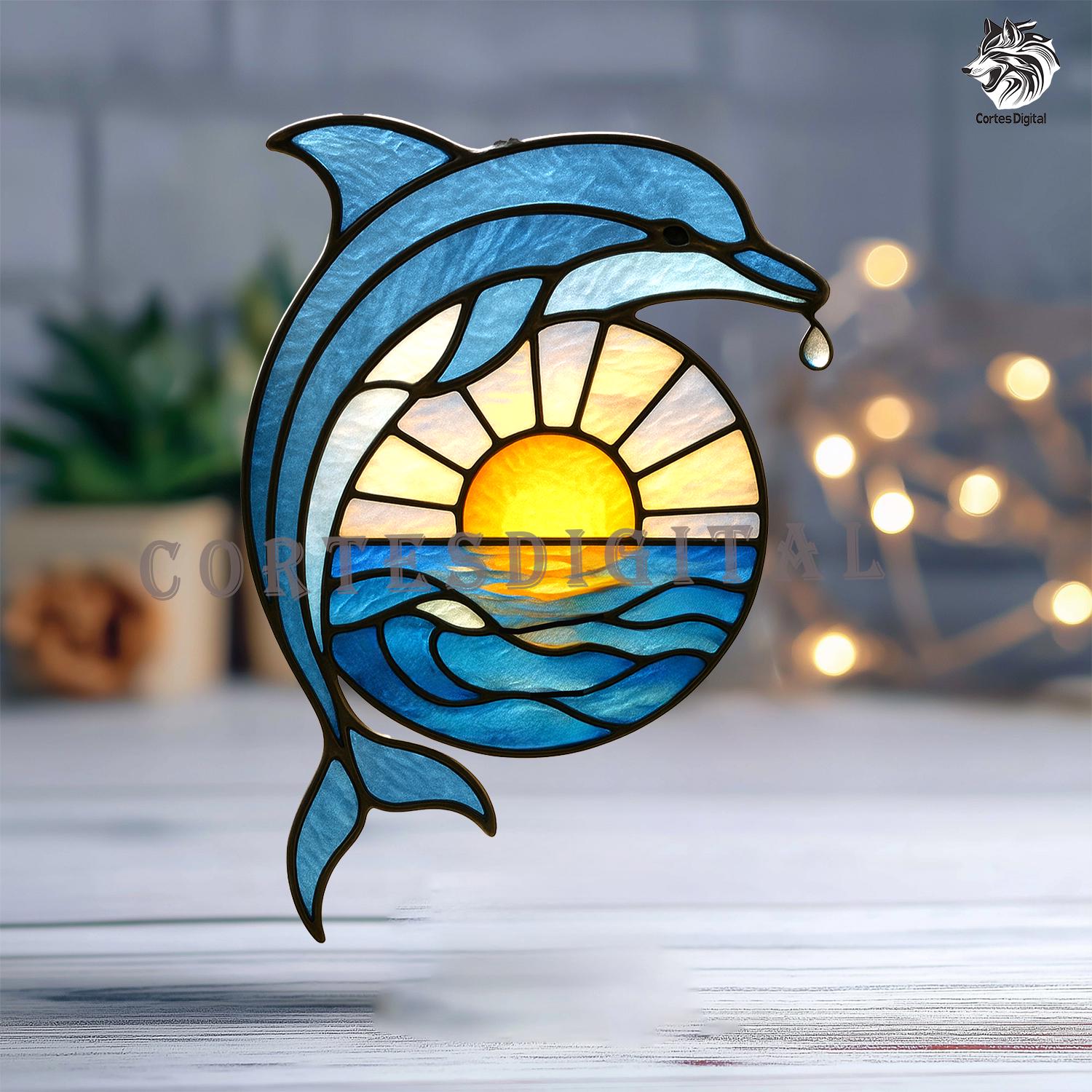 イルカのステンドグラス模様 | 夕焼けの海のサンキャッチャーデザイン
