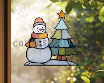 Snowman and Christmas Tree Stained Glass Pattern, Holiday Suncatcher Template PDF PNG SVG, Window Hanging Glass Art Design (N5.CH07)