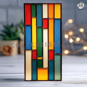 May include: A rectangular stained glass panel with a black border. The panel features a colourful abstract design of vertical and horizontal rectangles in red, blue, green, yellow, and white. The text "Cortes Digital" is visible.