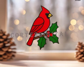 Kardinal mit Holly Blatt Glasmalerei, Roter Vogel Suncatcher Vorlage, Weihnachtsdekor, Sofortiger Download SVG PDF PNG (N5.BI79)