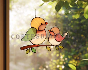 Stained Glass Love Bird Pattern, Diy Suncatcher Template, Mother and Baby Bird Window Hanging Design (SVG PDF PNG) (N5.BI123)