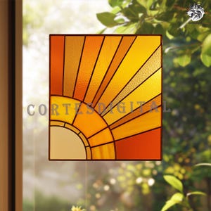 May include: A stained glass window panel with a sunburst design. The artwork features yellow, orange, and amber hues radiating from a central semi-circle. The text "CORTES DIGITAL" is visible. The panel is framed with a dark border.