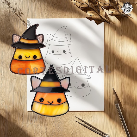 Cute Candy Corn With Black Cat Ears & Witch Hat Suncatcher  display picture 2