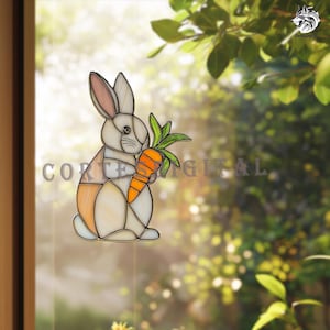 Cute Bunny Stained Glass Pattern PDF – Carrot Rabbit DIY Suncatcher Template, Easter Spring Decor, Easy Beginner Glass Art Design