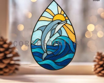 イルカのステンドグラス模様 | 夕焼けの海のサンキャッチャーデザイン