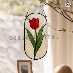 Vibrant tulip flower panel Stained Glass Pattern –  red tulip flowerSuncatcher – DIY spring Window Hanging Glass Art Template for home decor