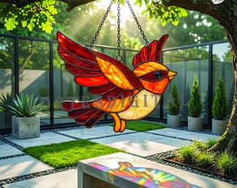 Red Bird Stained Glass Pattern, Flying Bird Suncatcher Template, DIY Window Hanging, Bird Lover Gift Idea (N5SI64)