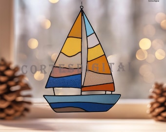 Puede incluir: Un vitral de un velero con un diseño colorido. La vela presenta secciones amarillas, naranjas y azules, mientras que el casco es azul. La imagen tiene el texto "Cortes Digital" y está sobre un fondo borroso con luces bokeh.