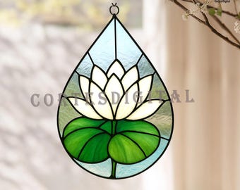 White Lotus Flower Stained Glass Pattern, Teardrop SuncatcherTemplate, DIY Window Hanging Lotus Design, Zen Home Decor (Number N5.PA109)