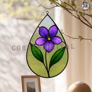 Violet Stained Glass Pattern PDF, Teardrop Floral Suncatcher Template – Birthday Flower, Diy Window Hanging Glass Art (Number N5.PA91)