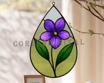 Mönster för violett målat glas i PDF-format, mall för droppformad solfångare – födelsedagsblomma, gör-det-själv-fönsterhängande glaskonst (nummer N5.PA91)