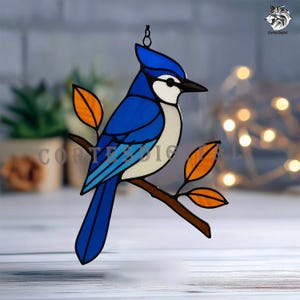 Blue Jay Bird Stained Glass Pattern, Bird Suncatcher Template (SVG PDF PNG Download), Window Hanging Decor (N5.BI82)