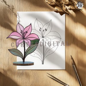 Lily Flower Stained Glass Pattern PDF PNG – DIY Pink Floral Suncatcher for Table or Window Decor – Easy Glass Art, Instant Digital Download
