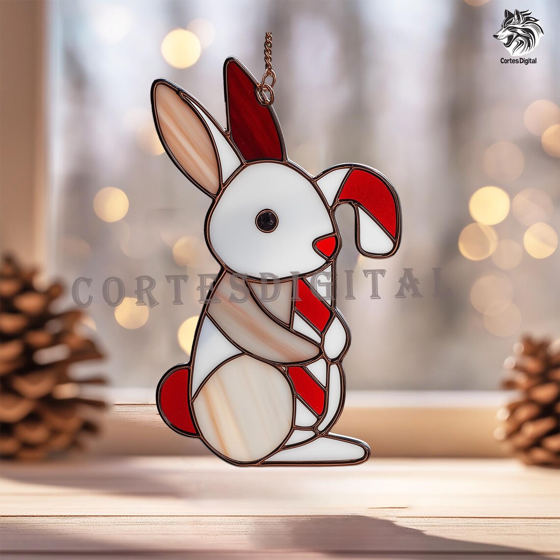 Christmas Bunny Stained Glass Pattern, Cute Rabbit With Candy Cane ...