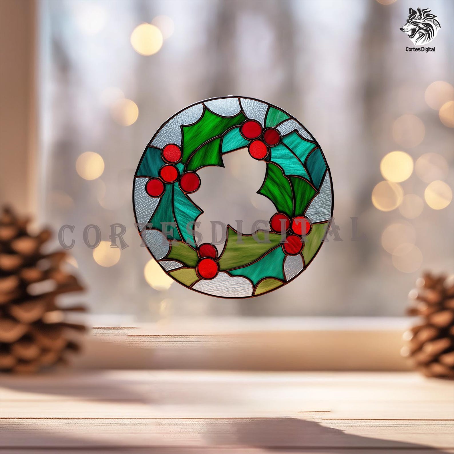Stained Glass Christmas Wreath Pattern, Holiday Holly Suncatcher ...