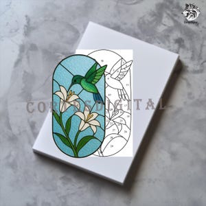 Hummingbird and lily flower Stained Glass Pattern – Arch Sun Suncatcher PDF – DIY Window Hanging Panel – Spring Floral Glass Art Template