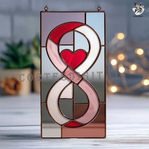 Puede incluir: Panel de vidrieras con un símbolo de infinito y un corazón rojo en el centro. El panel está enmarcado en color cobre e incluye tonos de rojo, blanco, rosa y gris. El texto "Cortes Digital" es visible.