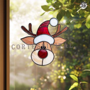 Red Nose Reindeer Stained Glass Pattern with Santa Hat, Beginner Friendly DIY Christmas Suncatcher Template PDF SVG. (Number N5.CH40 )