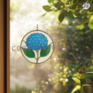 Round Hydrangea Stained Glass Pattern – Blue Floral Suncatcher Digital Template, DIY PDF PNG Design for Window Hanging, Instant Download