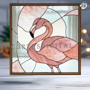 May include: Stained glass panel featuring a pink flamingo with a black beak and legs. The bird is set against a background of white, pink, and light blue glass pieces, all framed in a brown wooden frame. The image has the text "Cortez Digital".