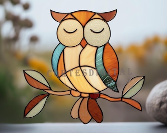 Owl Stained Glass Pattern, Bird Suncatcher Template, Diy Window Hanging Glass Art Design PDF SVG PNG (N5.BI110)