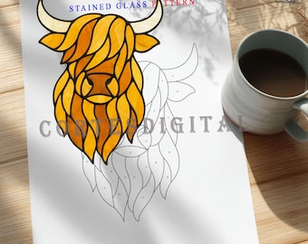 Highland Cow Stained Glass Pattern PDF, Farm Animal Suncatcher Template, Scottish Cow Window Decor, Beginner Friendly Glass Art (N5.AN116)