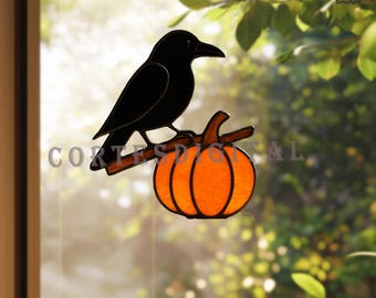 Patrón de vitral de cuervo sobre calabaza: plantilla de atrapasol de Halloween, descarga instantánea en PDF, SVG y PNG, arte de vidrio espeluznante para ventana