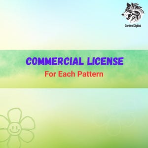 Peut inclure: Graphique numérique avec un fond dégradé bleu clair, vert et jaune. Le texte "COMMERCIAL LICENSE" en violet est au-dessus de "For Each Pattern" en rouge. Un logo de loup noir et blanc est dans le coin supérieur droit.