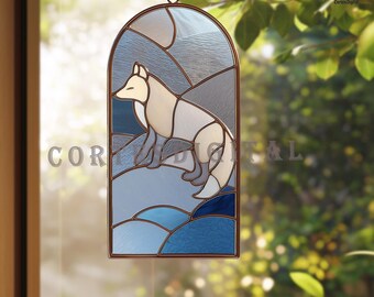 Wolf Stained Glass Pattern, Animal Suncatcher Template, Mountain Window Hanging DIY Glass Art, Instant Download PNG PDF (N5.AN119)