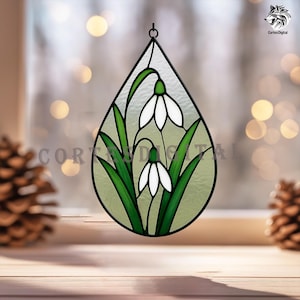 Padrão de vitral em forma de gota de neve – Faça você mesmo um enfeite floral para janela – Ideia de presente de aniversário – Modelo em PDF para download instantâneo (N5.PA86)