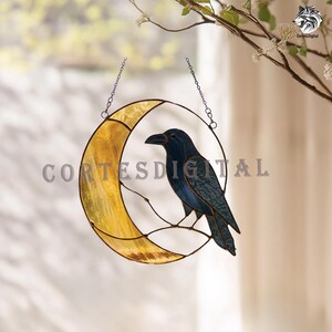 Raven on the Moon Stained Glass Pattern, Gothic Crow Suncatcher Template, Mystical Bird Window Hanging Design (N5.BMO02)