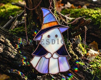 Cute Ghost Stained Glass Pattern PDF | Halloween Witch Suncatcher Template | Easy DIY Window Hanging for Spooky Season, Printable Glass Art